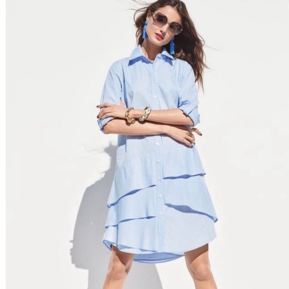 Finley Tiered Cotton Blue White Striped Shirt Dress Size XS